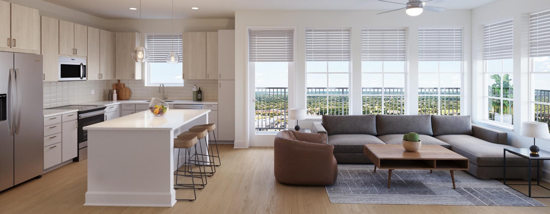 a large kitchen with a large window