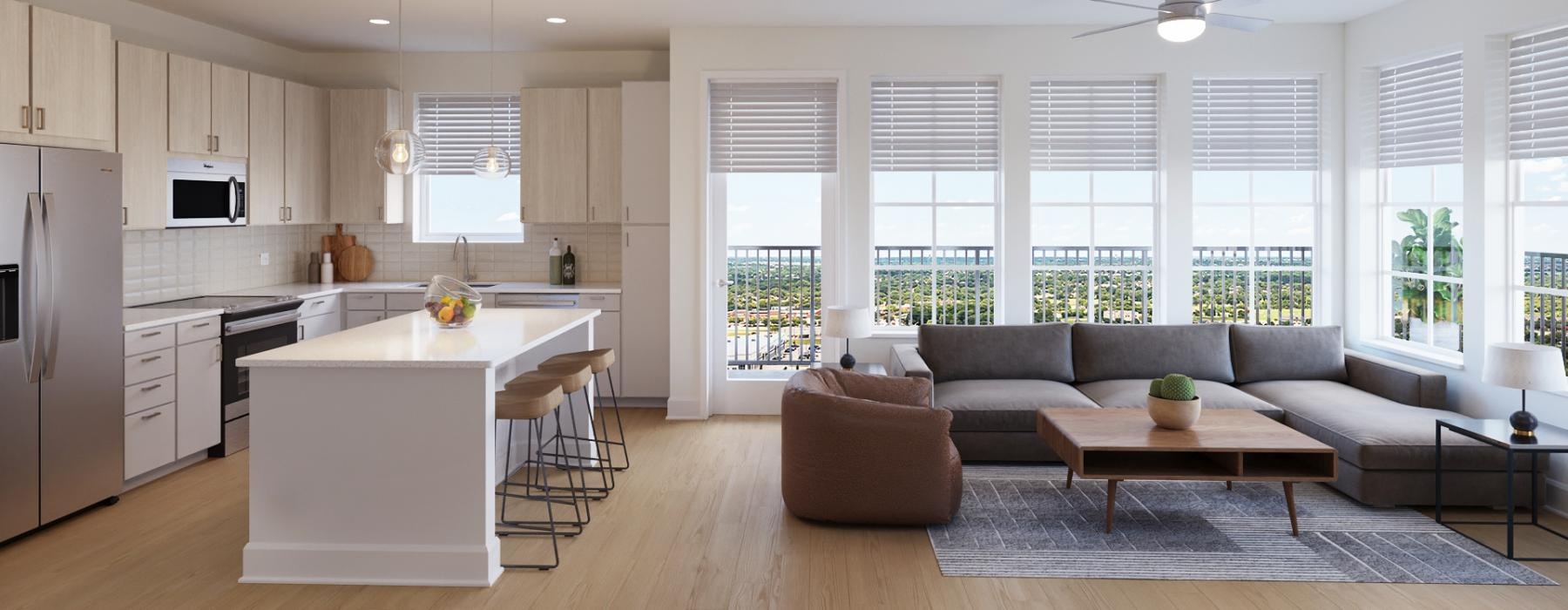 a large kitchen with a large window