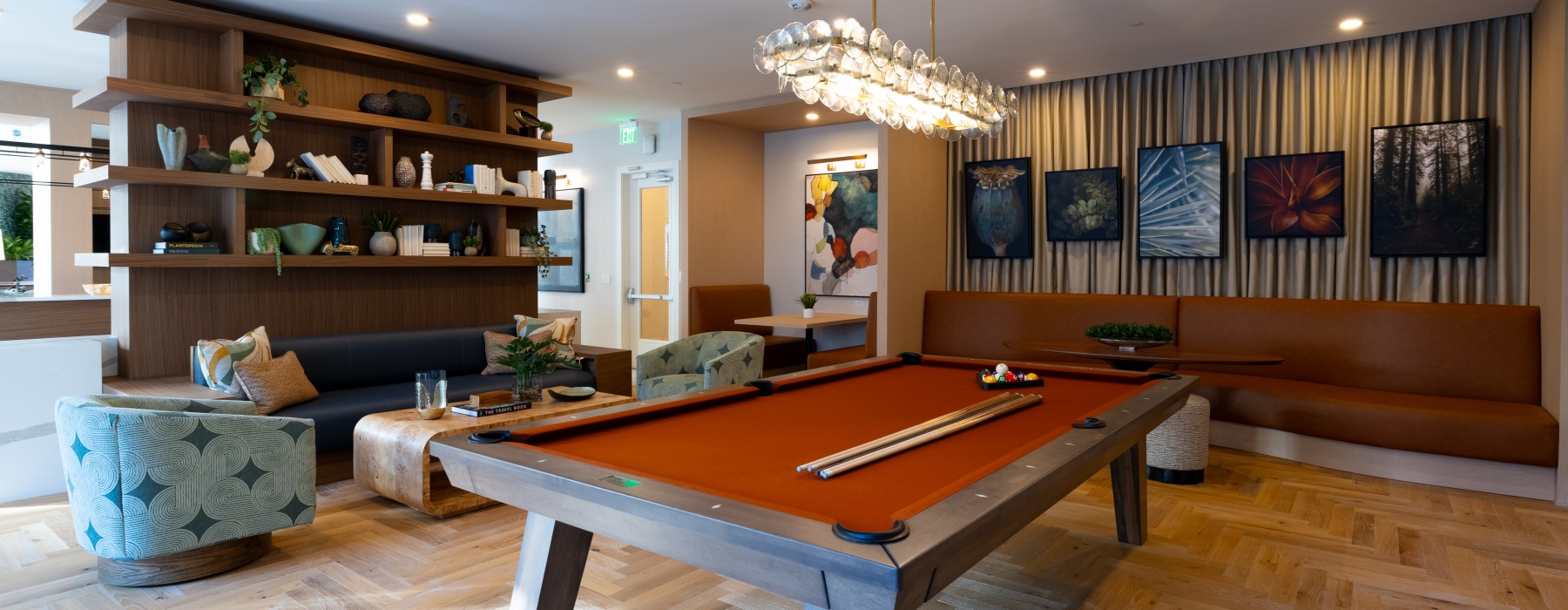 room with bookshelves and pool table