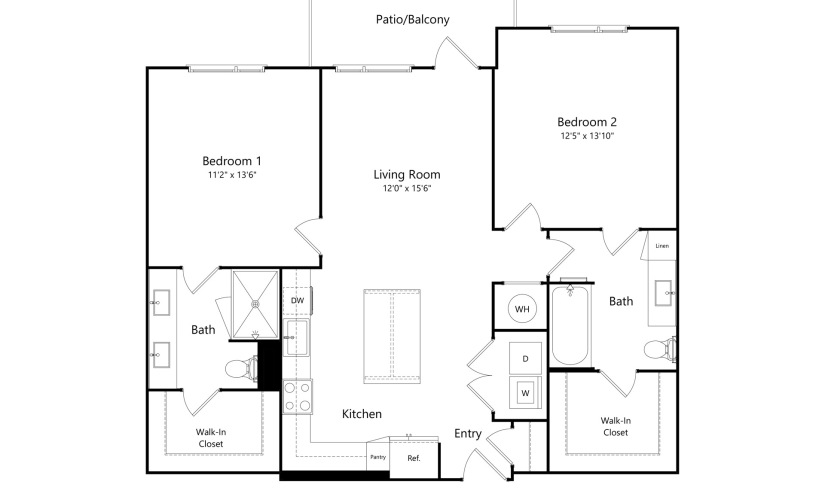 B2.1 - 2 bedroom floorplan layout with 2 bathrooms and 1187 square feet
